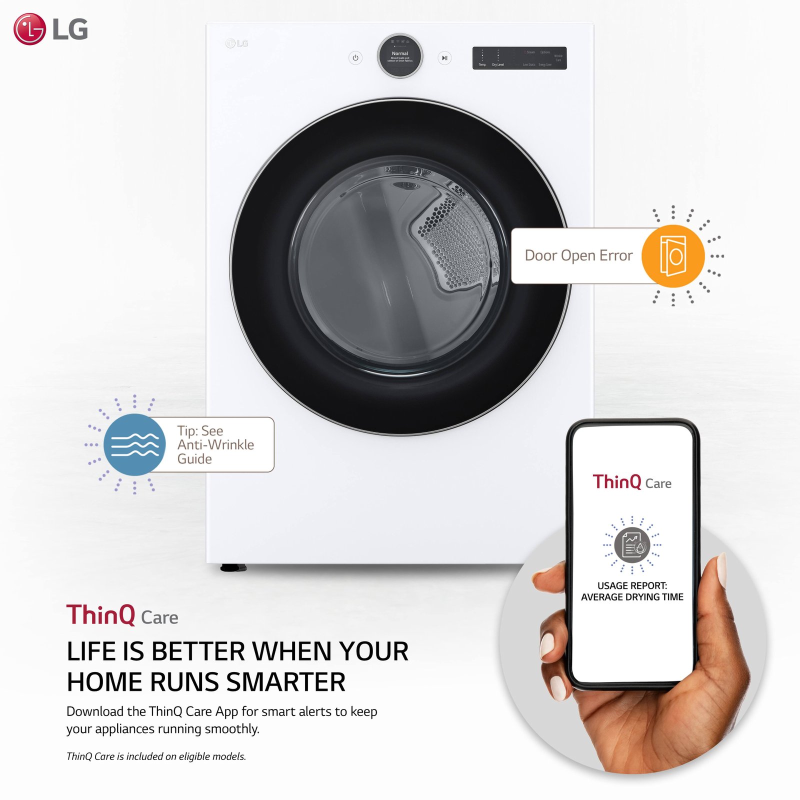 LG - 7.4 Cu. Ft. Stackable Smart Gas Dryer with Steam and Sensor Dry - White - Image 7
