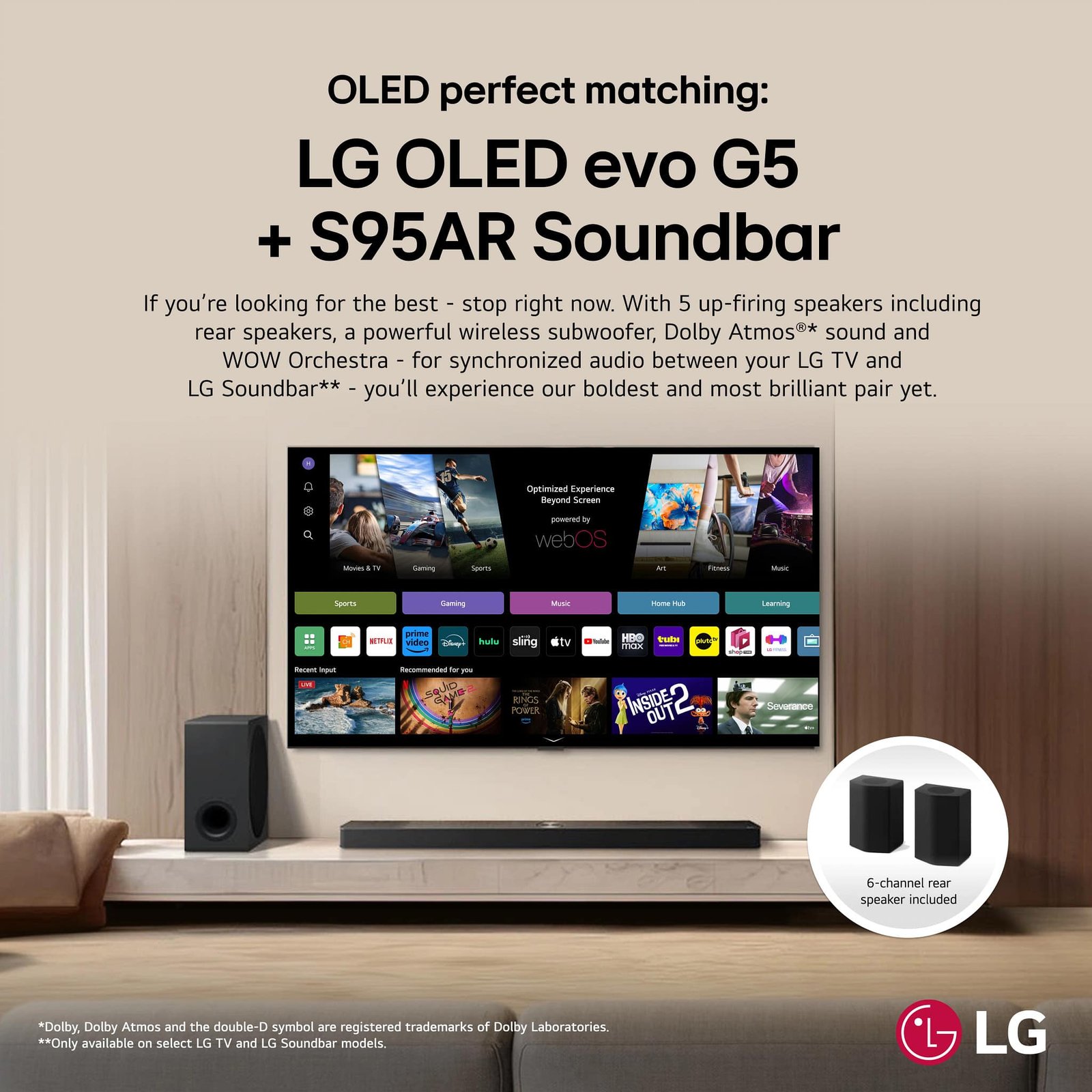 LG - 9.1.5-Channel S95AR Home Theater Soundbar with Wireless Subwoofer and Rear Speakers, Dolby Atmos, WOW Orchestra - Black - Image 3