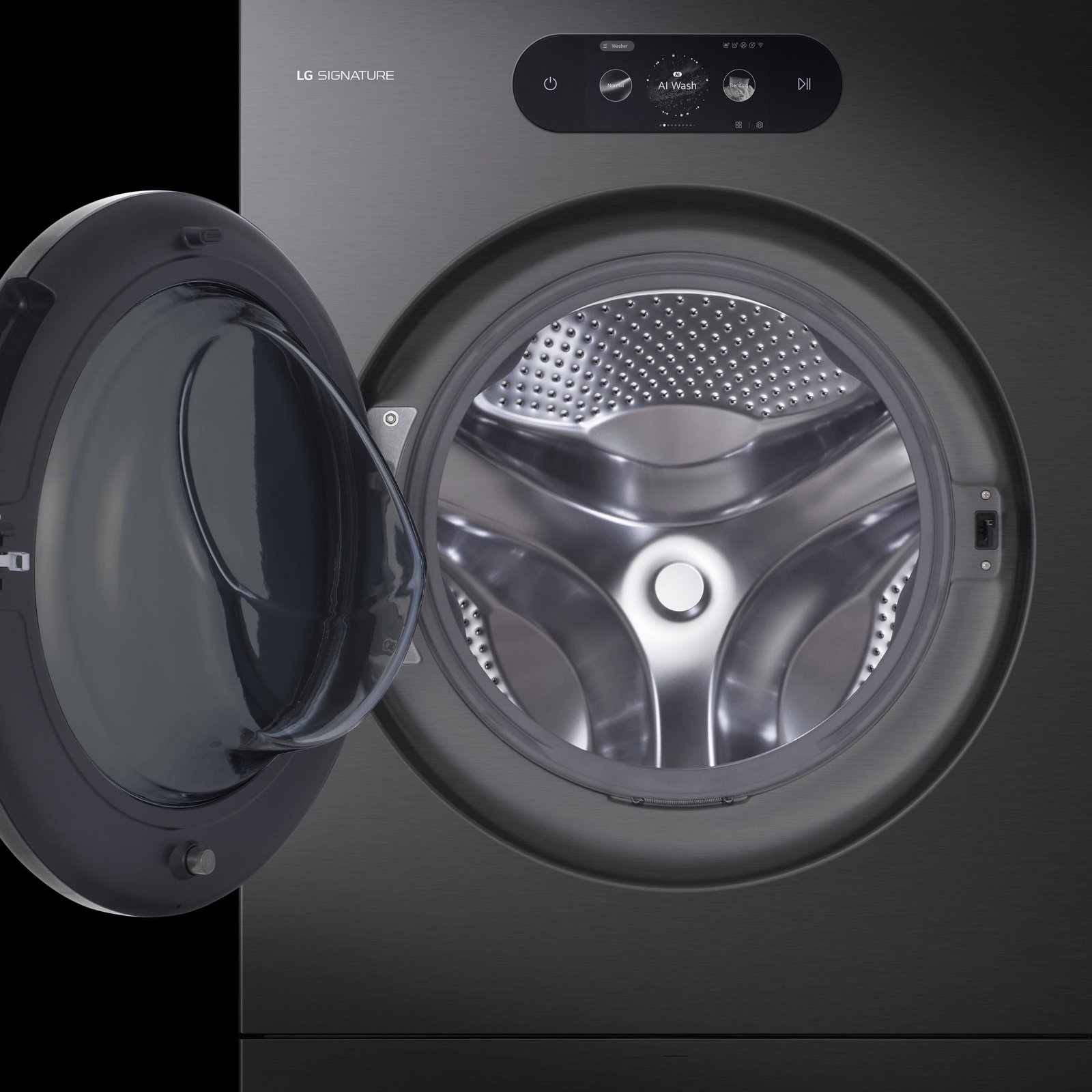LG - SIGNATURE 5.8 Cu. Ft. High-Efficiency Stackable Smart Front Load Washer with Steam and ezDispense - Brushed Black Steel - Image 7